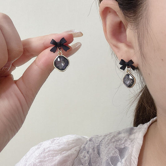 Korean Black Bow Crystal Earrings