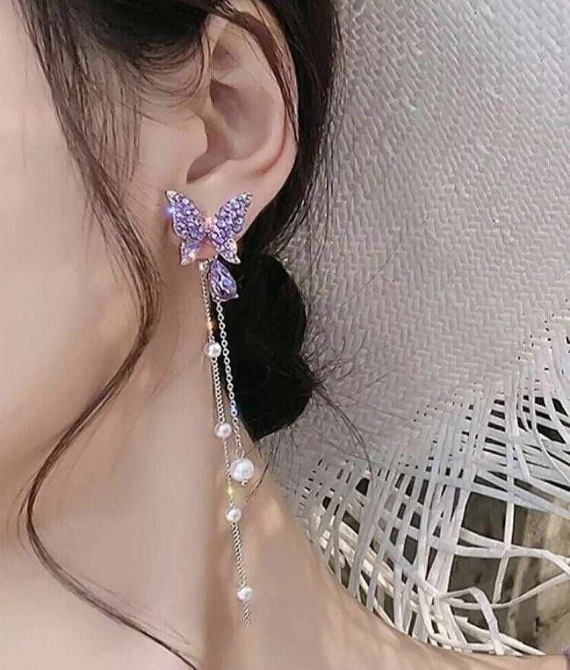 Crystal Purple Butterfly Drop Earrings