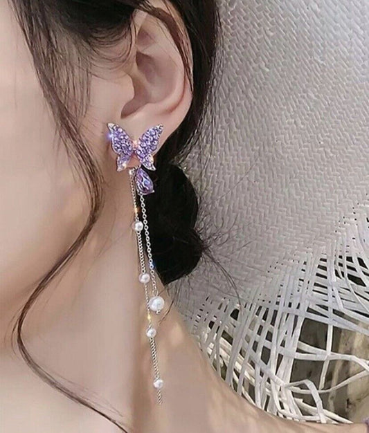 Crystal Purple Butterfly Drop Earrings