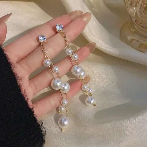 White Pearl Long Drop Earrings