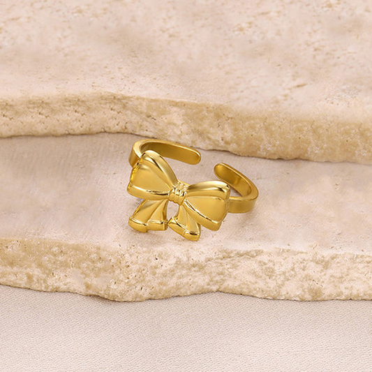 Gold Plated Stainless Steel Anti Tarnish Bow Themed Adjustable Finger Ring For Women