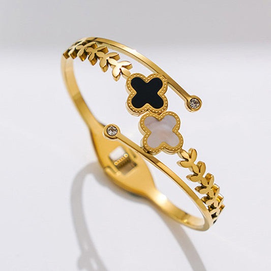 Stainless Steel Gold Plated Mother of Pearls Two Clover Leaf Irish Design Anti-Tarnish Bracelet For Women