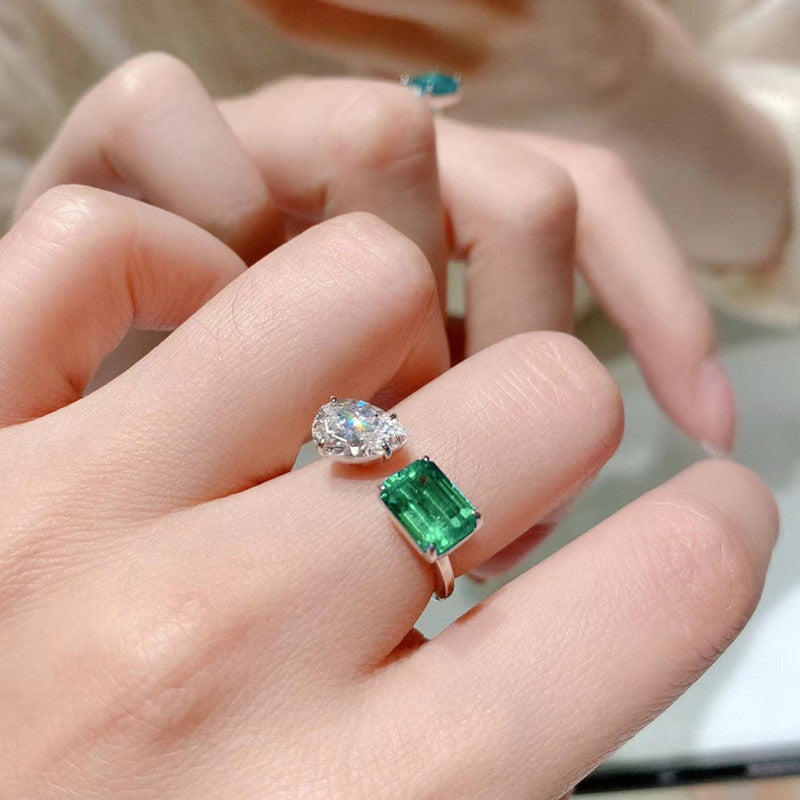 Silver Plated Anti Tarnish American Diamond Crushed Ice Cut Green Rectangular Finger Ring