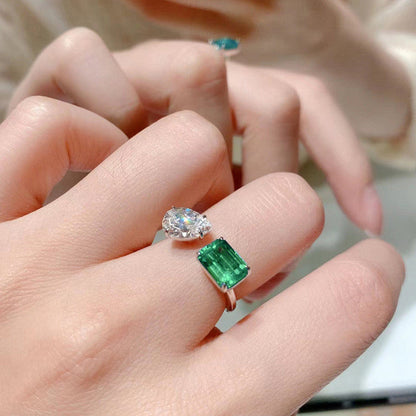 Silver Plated Anti Tarnish American Diamond Crushed Ice Cut Green Rectangular Finger Ring