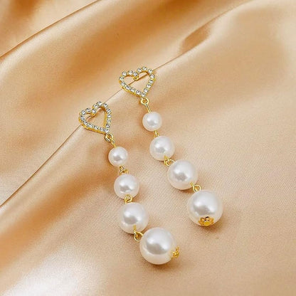 Elegant Pearl Drop Earrings with Crystal Heart Studs