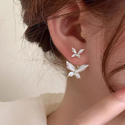 Delicate Double Butterfly Drop Earrings – Pearl White & Gold Finish