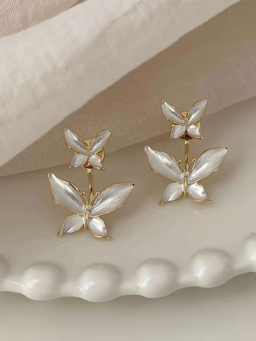 Delicate Double Butterfly Drop Earrings – Pearl White & Gold Finish