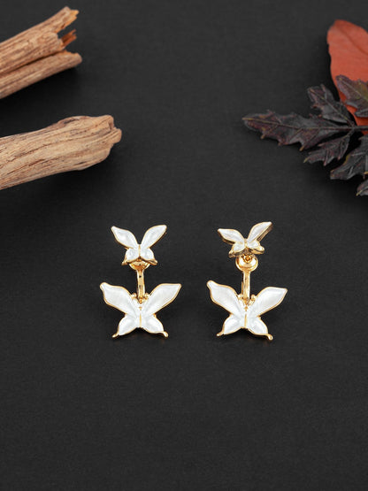 Delicate Double Butterfly Drop Earrings – Pearl White & Gold Finish