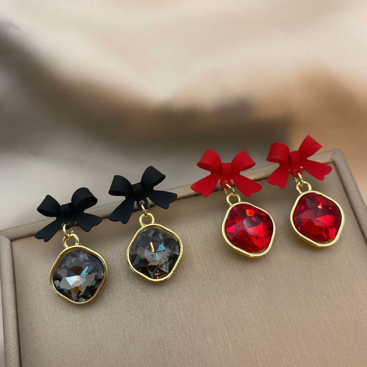 Korean Black Bow Crystal Earrings