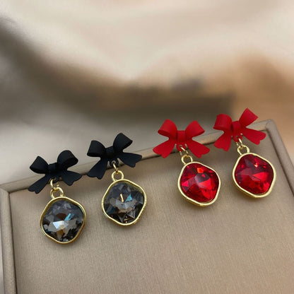 Korean Black Bow Crystal Earrings