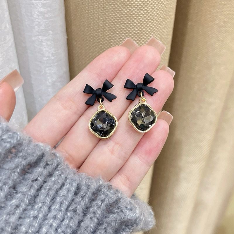 Korean Black Bow Crystal Earrings