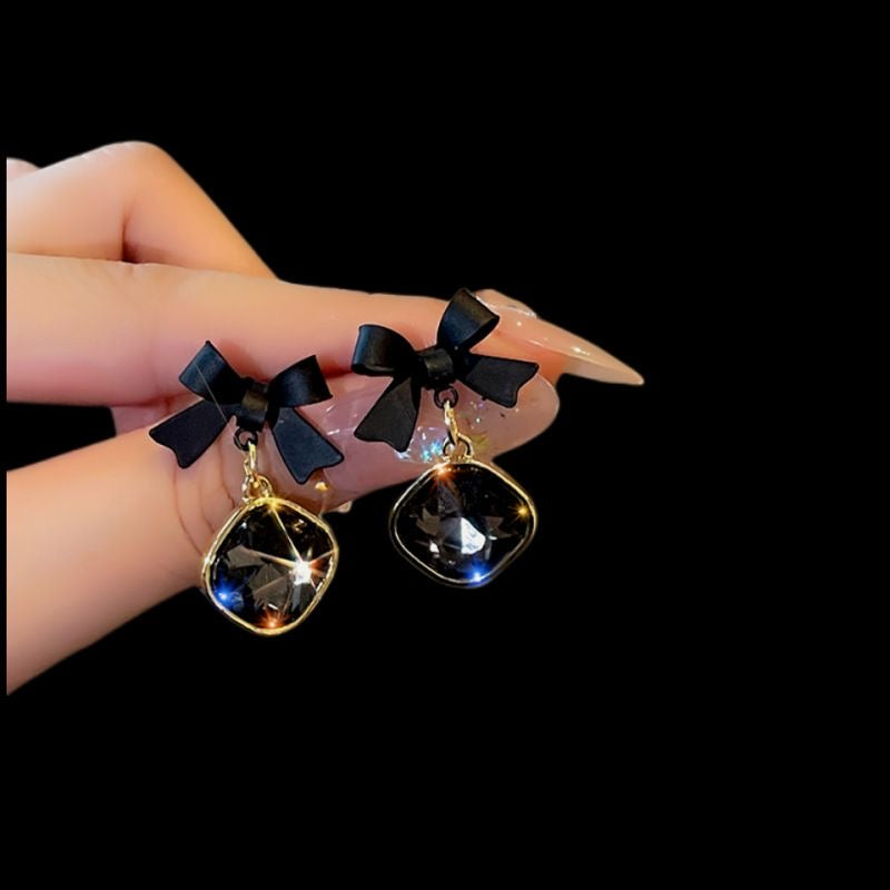 Korean Black Bow Crystal Earrings