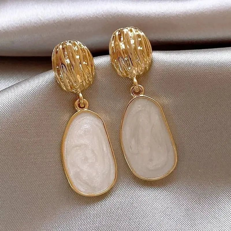 Gold & White Marble Drop Earrings