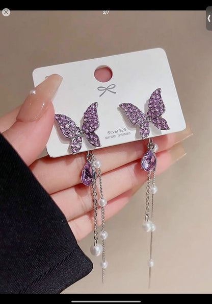 Crystal Purple Butterfly Drop Earrings