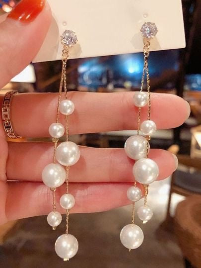 White Pearl Long Drop Earrings