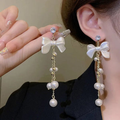 Elegant Bow White Pearl Dangle Drop Earrings