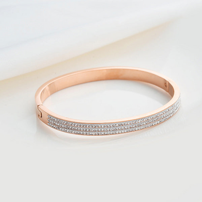 Stainless Steel Rose Gold Plated Triple Lines American Diamond Contemporary Bracelet For Women