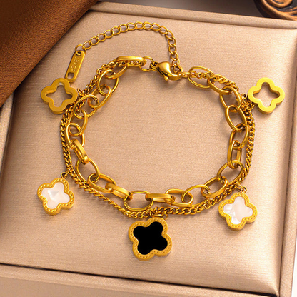 Stainless Steel Gold Plated Mother of Pearls Clover Wraparound Anti-Tarnish Bracelet For Women