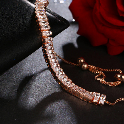 Rose Gold Plated Rectangular Cut Cubic Zirconia White Matrix Tennis Bracelet