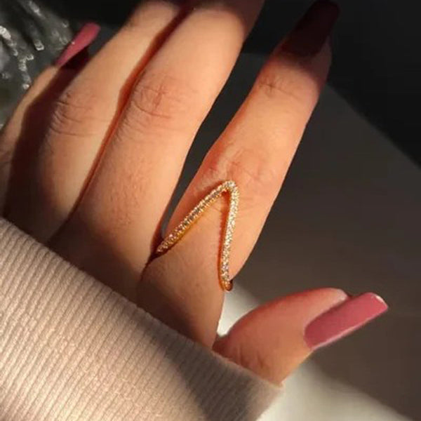 Gold-Plated Anti Tarnish V Shaped CZ Studded Adjustable Finger Ring