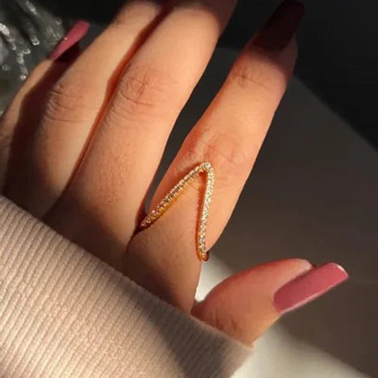 Gold-Plated Anti Tarnish V Shaped CZ Studded Adjustable Finger Ring