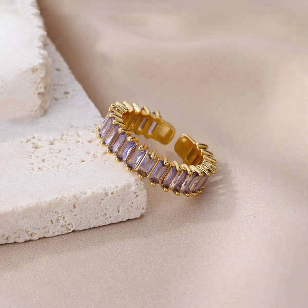 Gold Plated Stainless Steel Anti Tarnish Purple Adjustable Finger Ring For Women