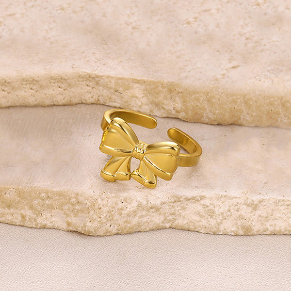Gold Plated Stainless Steel Anti Tarnish Bow Themed Adjustable Finger Ring For Women