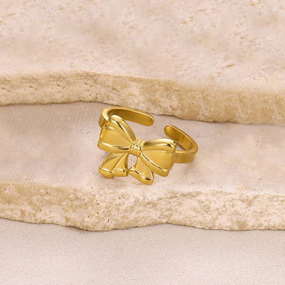 Gold Plated Stainless Steel Anti Tarnish Bow Themed Adjustable Finger Ring For Women