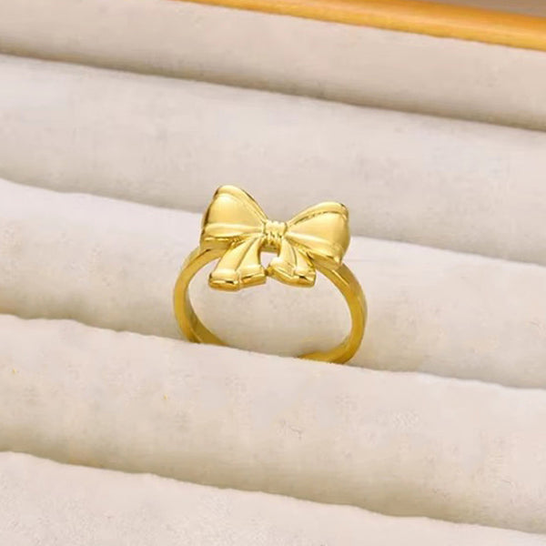 Gold Plated Stainless Steel Anti Tarnish Bow Themed Adjustable Finger Ring For Women
