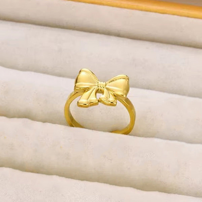 Gold Plated Stainless Steel Anti Tarnish Bow Themed Adjustable Finger Ring For Women