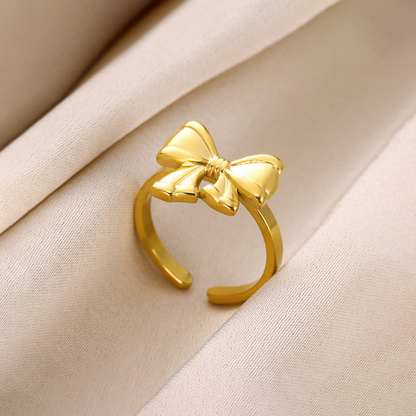 Gold Plated Stainless Steel Anti Tarnish Bow Themed Adjustable Finger Ring For Women
