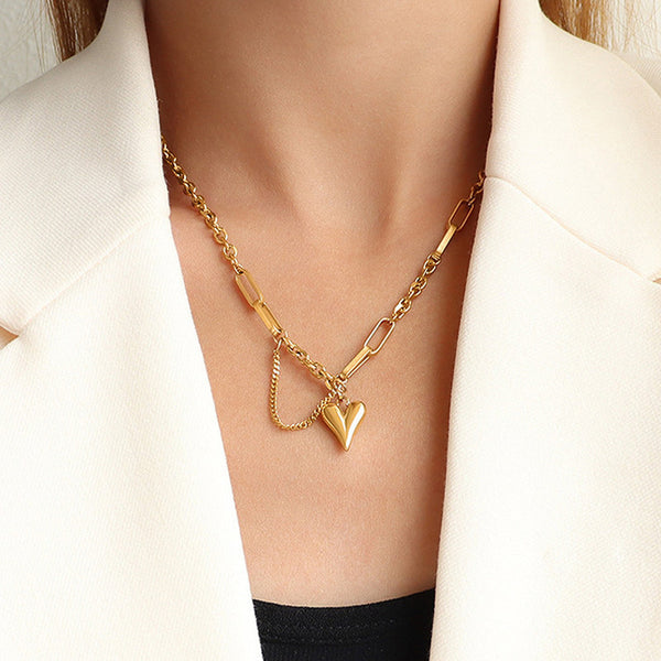 Gold Plated Stainless Steel Anti Tarnish Heart Themed Rope Chain Necklace For Women