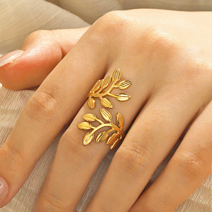 Gold Plated Anti Tarnish Stainless Steel Leaf Themed Adjustable Finger Ring